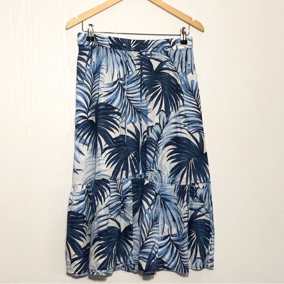 Talbots Linen Midi Skirt Women Small Navy Blue White Tropical Ruffle Palm Leaves - Picture 1 of 10